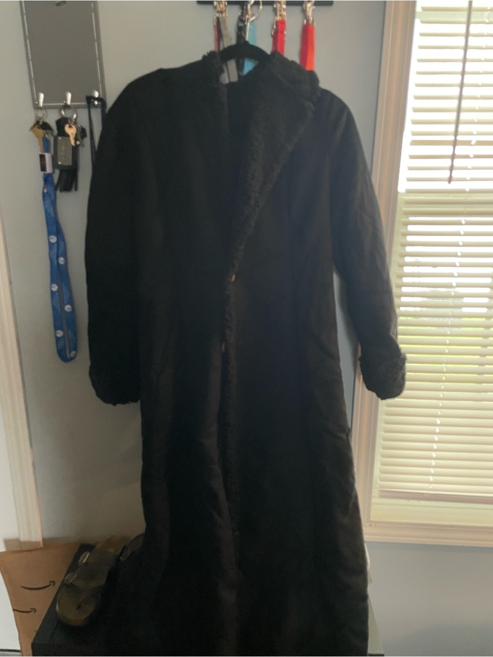 Black Faux-Fur Trim Hooded Long Coat